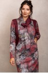 Rochie midi Galia din tricot visiniu cu imprimeu floral, maneca lunga si buzunare